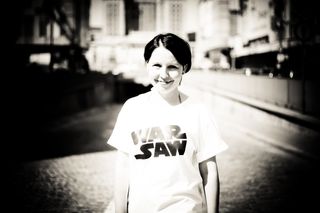 Agnieszka Kowalska wearing WARSAW T-shirt featured in her book Warszawa. Architects, Designers, Activists on their city. Photo: Albert Zawada (2012).