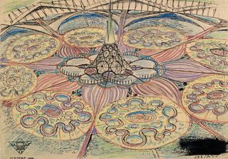 Jan Głuszak Dagarama, Miasto Słoneczne – Humonopolis (1965). The futuristic utopias of the left are surprisingly reminiscent of the architectural realizations of excessive capitalism in modern Dubai.