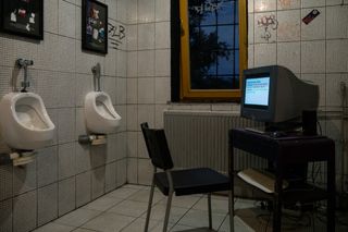 Three Songs About Words video installation; looped video with sound on old PC (with CRT monitor and PC speakers) in a club toilet at Fala dźwięku #33 + Grupa ETC event hosted by Trzecia Fala in Pogłos in Warsaw.